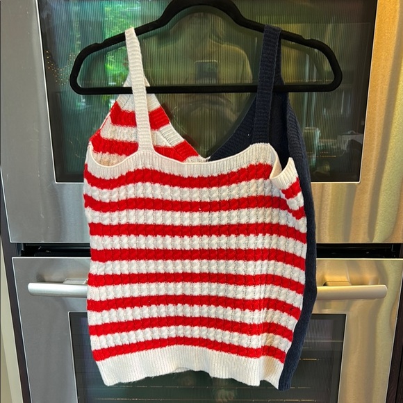 Blue and White Asymmetrical Ribbed Sleeveless Tank Top - Picture 2 of 3